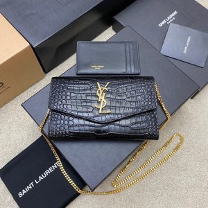Saint Laurent Uptown Chain Wallet In Crocodile-Embossed Shiny Leather 607788