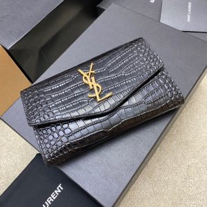 Saint Laurent Uptown Chain Wallet In Crocodile-Embossed Shiny Leather 607788